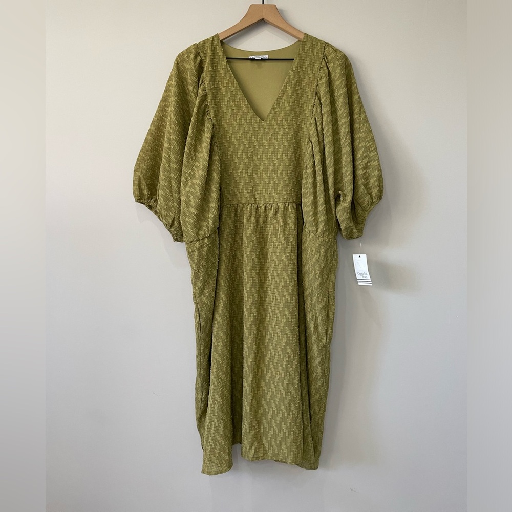 Ophelia Roe NWT balloon sleeve V neck midi dress with pockets 2X